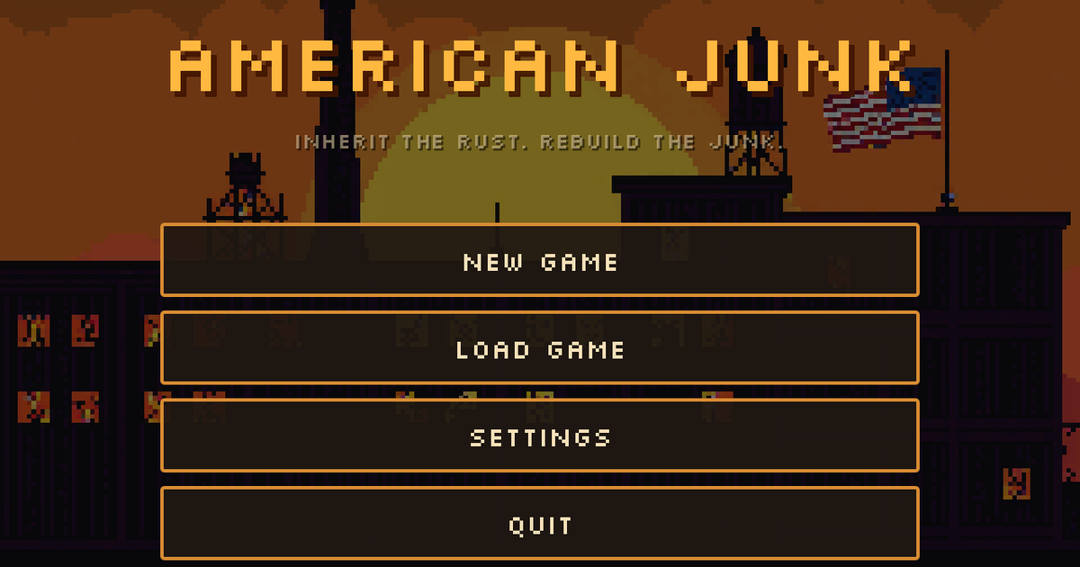 American Junk — factory silhouette at sunset with an American flag and smoking chimneys, title text over the scene.
