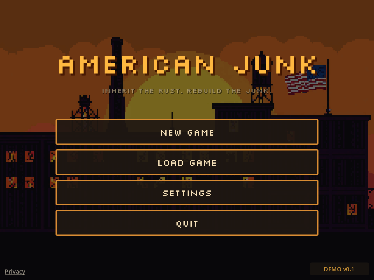 American Junk full title screen at 1280×960 showing menu buttons over the factory skyline.